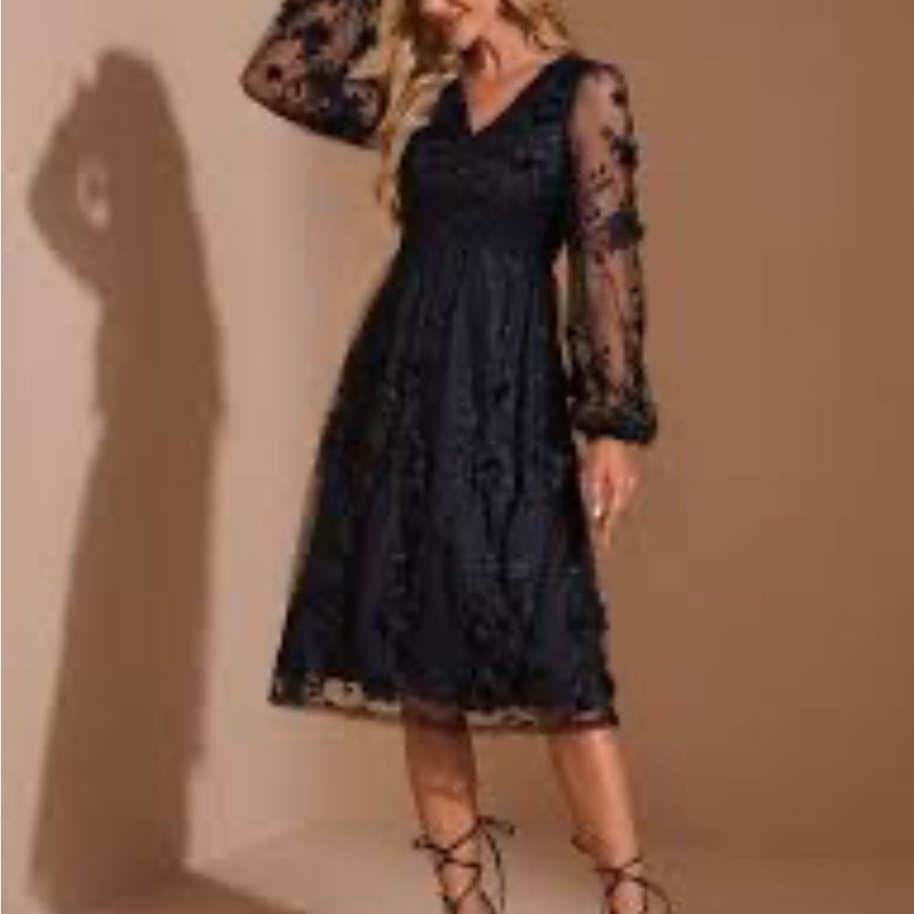 JJs House Medium V-Neck Long Sleeve A-line Jacquard Tulle Midi Dress  FREE SHIP - Picture 6 of 8